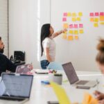 Marketing team planning with sticky notes on a whiteboard