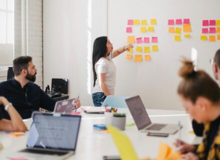 Marketing team planning with sticky notes on a whiteboard