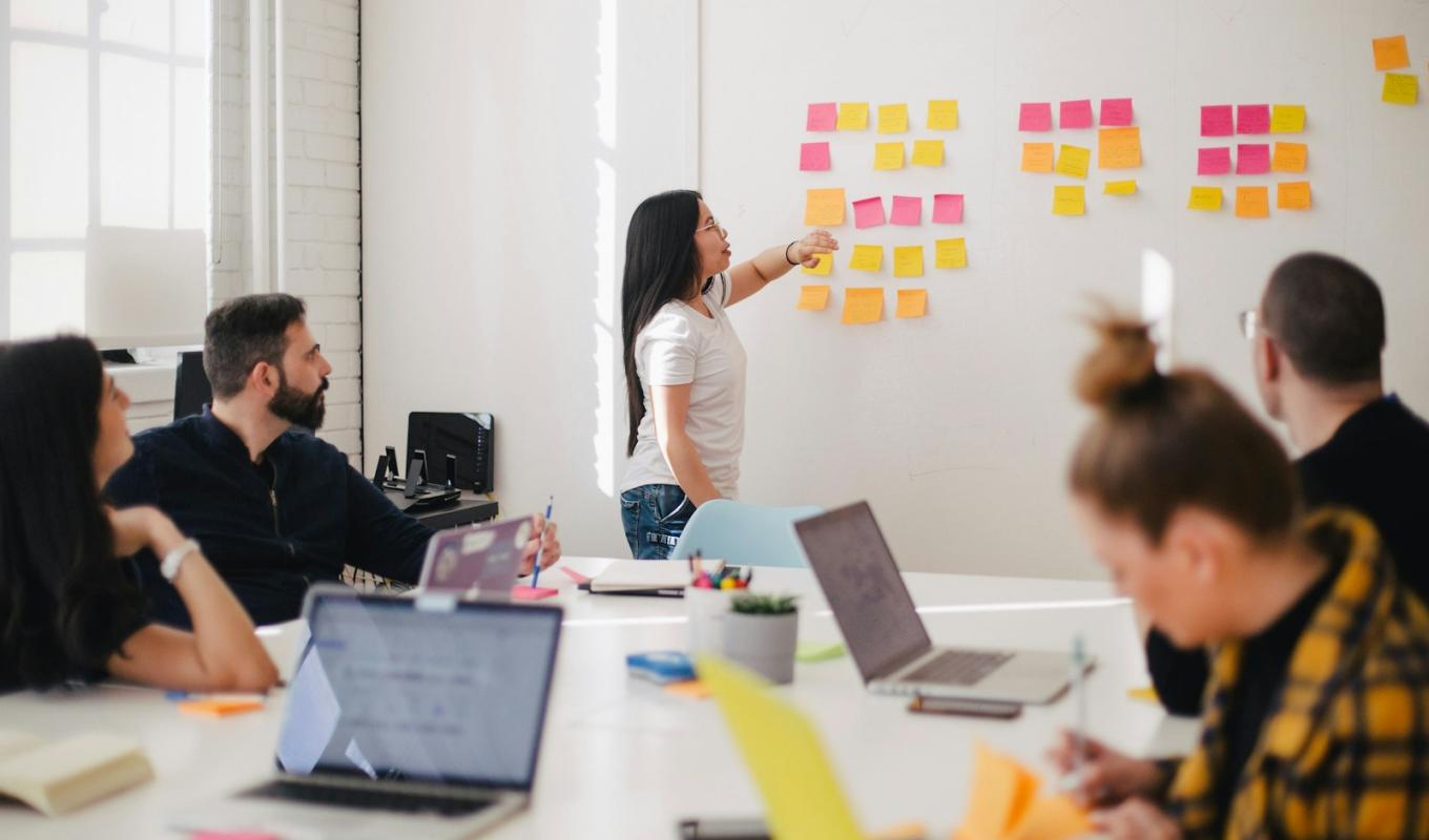 Marketing team planning with sticky notes on a whiteboard