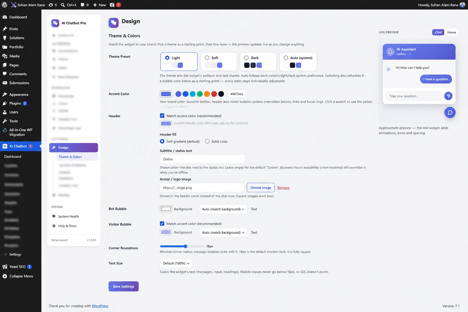 Design settings with theme presets, accent colors and a live widget preview