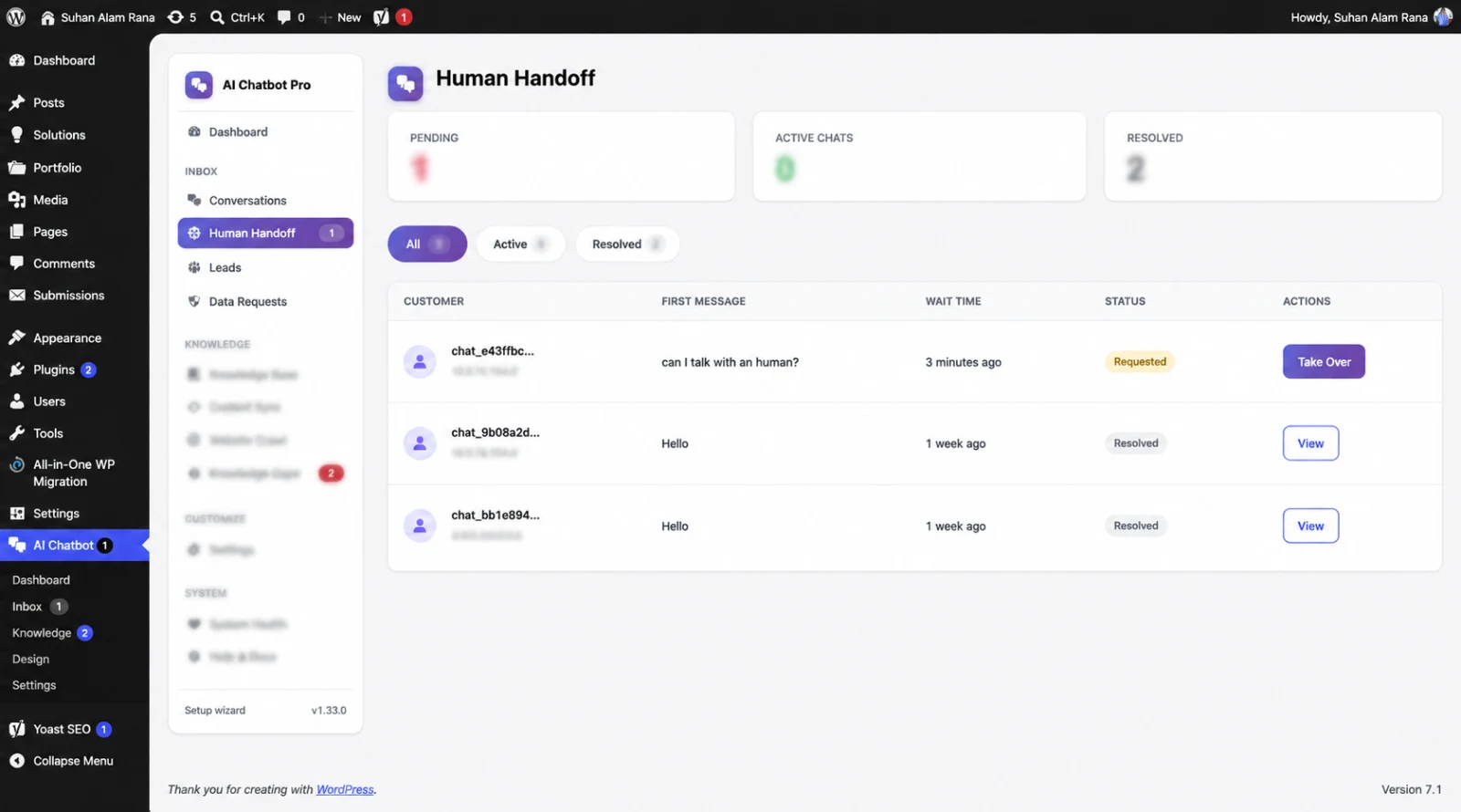 Human Handoff inbox in the WordPress admin with a pending visitor request and take-over button