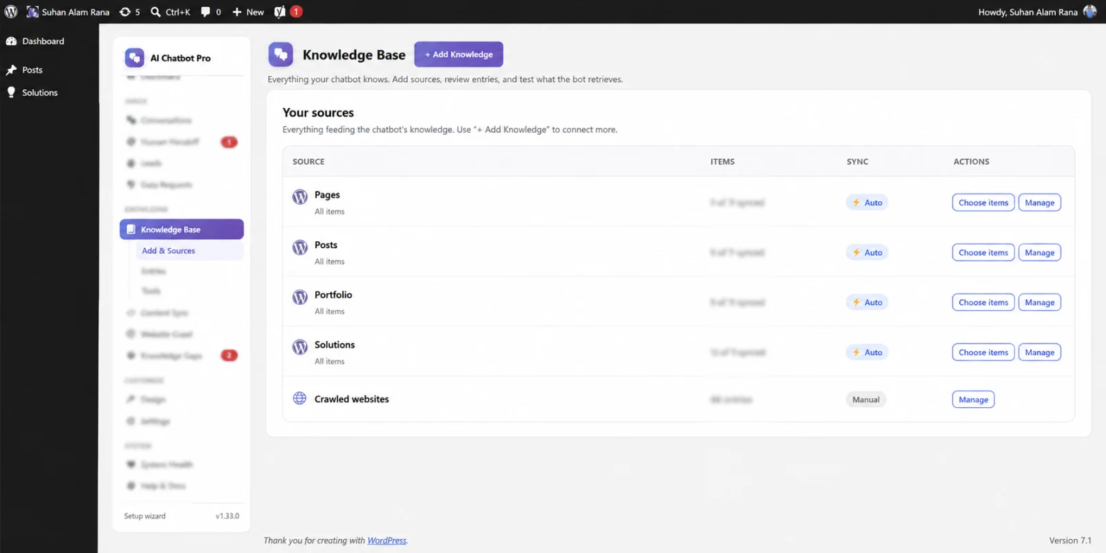 Knowledge Base screen showing pages, posts and solutions auto-syncing into the chatbot