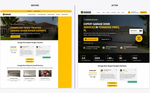 Before and after comparison of the Garage Door Rangers website redesign