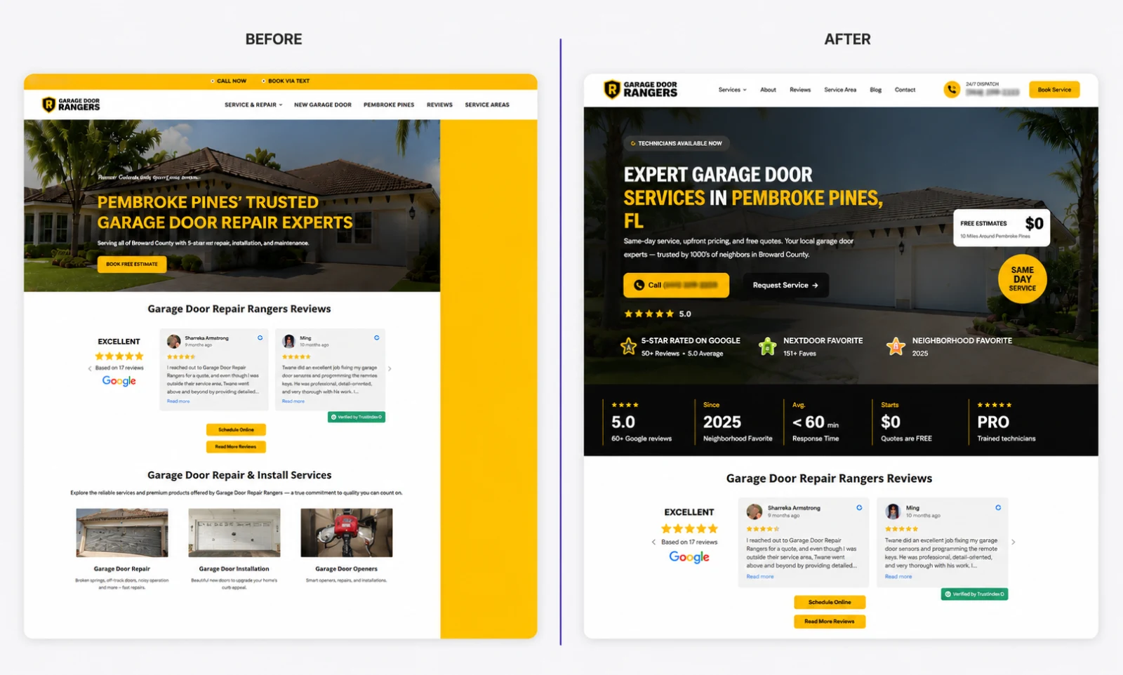 Before and after comparison of the Garage Door Rangers website redesign