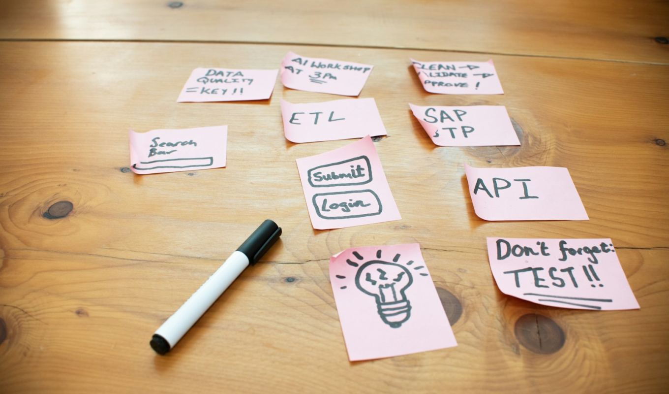 Sticky notes covered in handwritten process steps spread across a wooden table