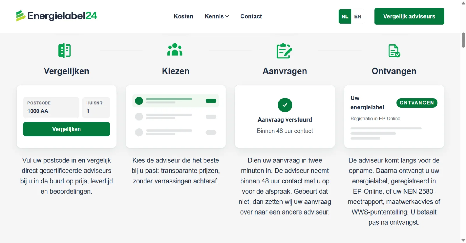 The four steps on Energielabel24: compare advisors, choose one, send the request, receive the label registered in EP-Online