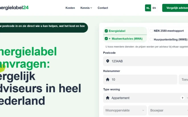Energielabel24 homepage: postcode form for comparing certified energy-label advisors across the Netherlands