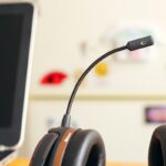 A customer support headset resting beside a laptop on a desk